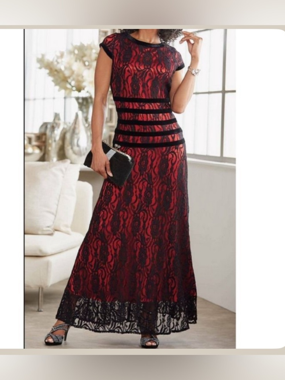 NWOTIsle Of Bonita:Ashro Black Velvet Red Lace Overlay Dress